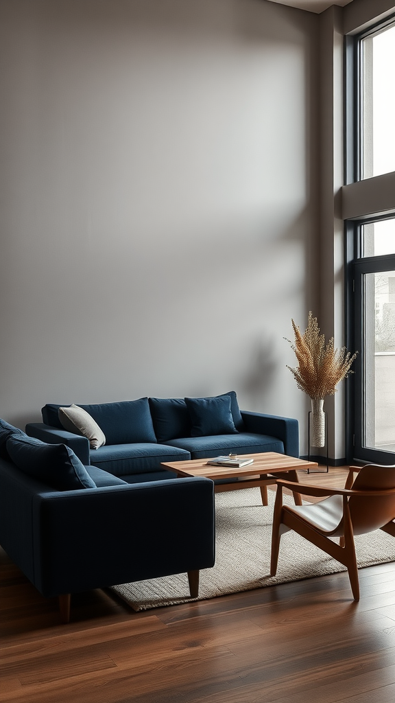 A minimalist mid-century modern living room featuring a blue sofa, wooden coffee table, and large windows.