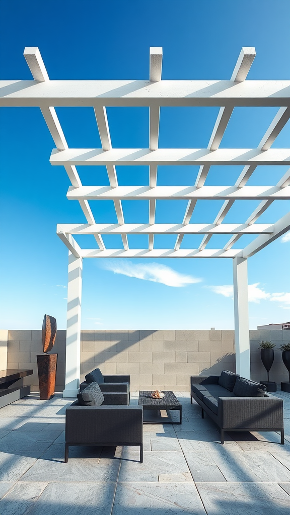 A minimalist pergola with modern outdoor furniture and an abstract sculpture.