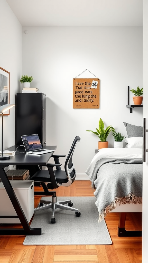 A minimalist college dorm room with a study space, desk, chair, and bed, featuring plants and light decor.