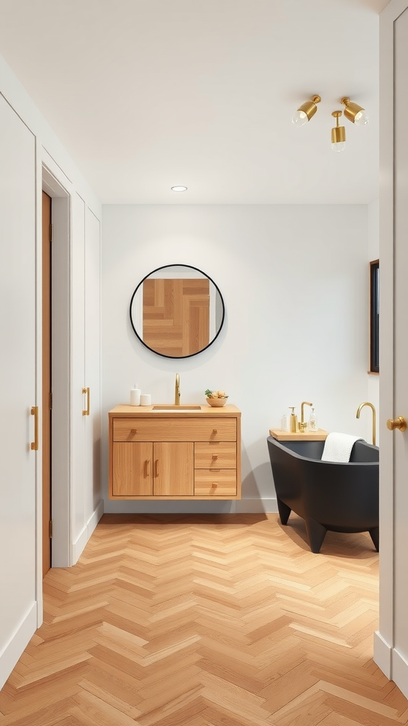 A minimalist bathroom featuring a black bathtub, wooden vanity, and white walls with herringbone wood flooring.