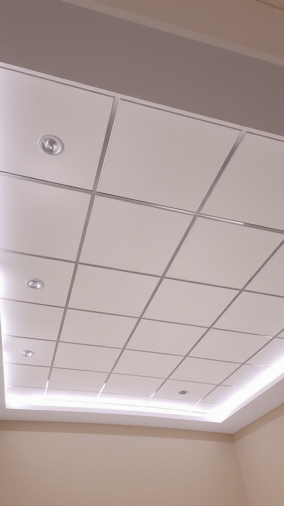 A minimalist white panel ceiling with recessed lighting.