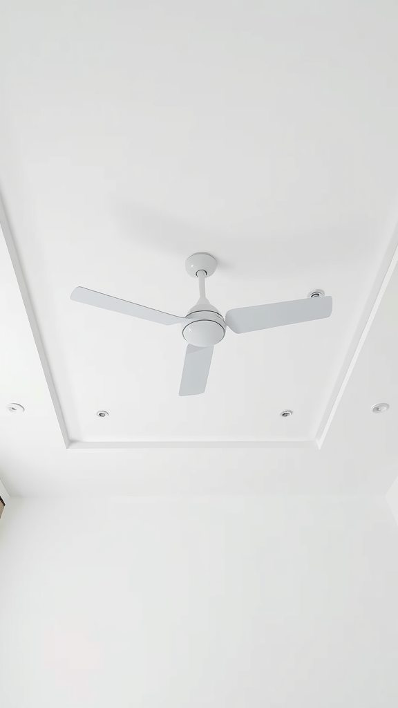 Minimalistic white bedroom ceiling with a fan and elegant lighting.