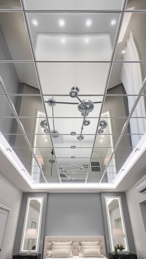 Bedroom featuring a mirror ceiling with LED backlighting and modern decor.