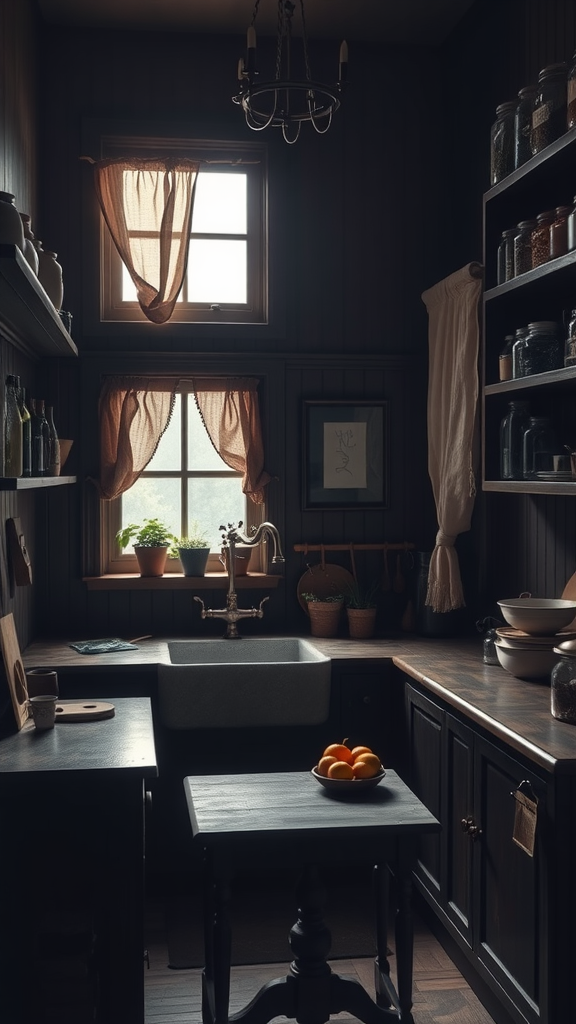 A dark, cozy kitchen with warm lighting, showcasing a farmhouse sink, wooden cabinets, and indoor plants.