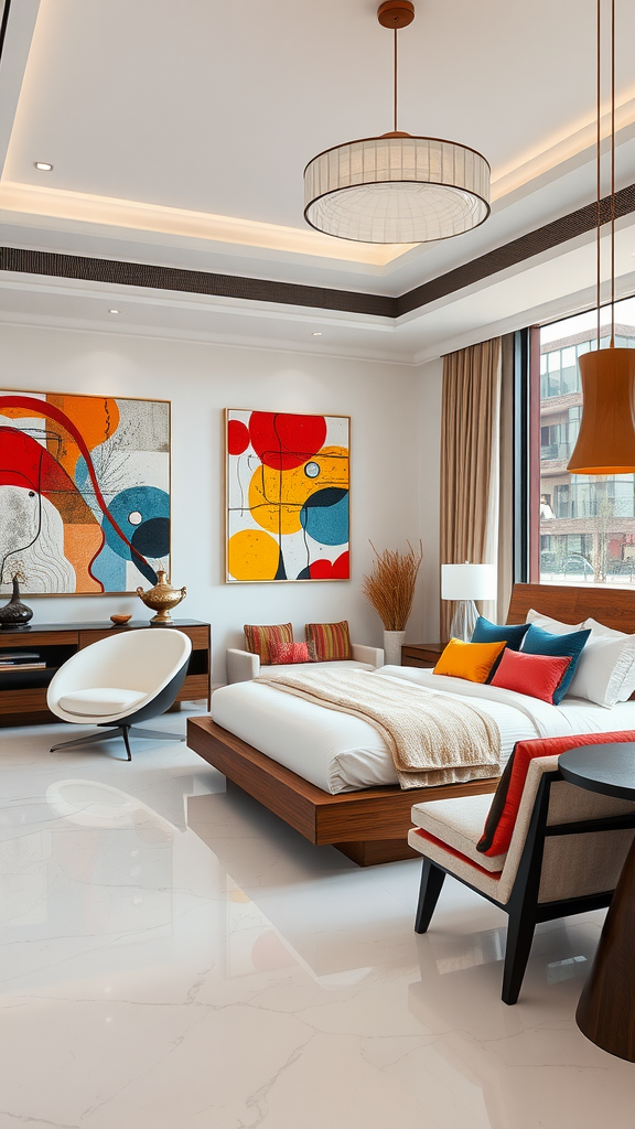 A modern luxury bedroom featuring bold abstract art, a sleek bed, and bright accents.