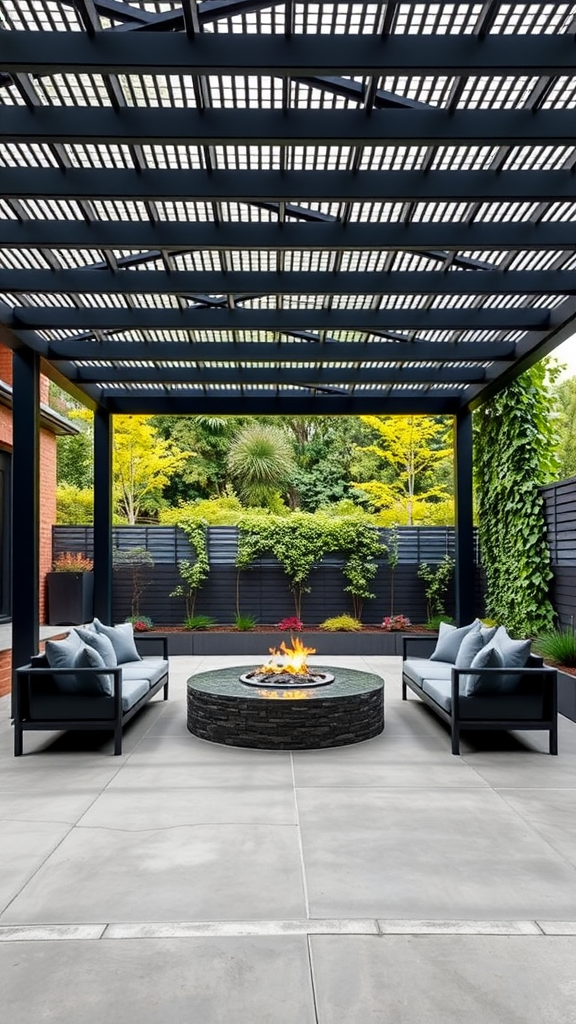 Modern black metal pergola with a fire pit surrounded by seating.