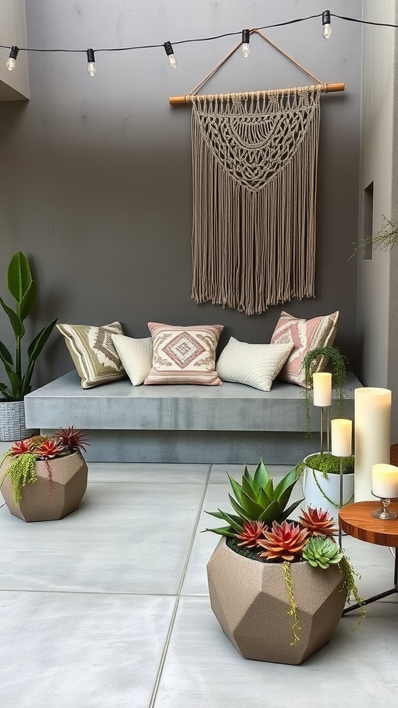 A modern boho patio featuring a concrete couch, decorative cushions, a macramé wall hanging, and colorful plant pots.