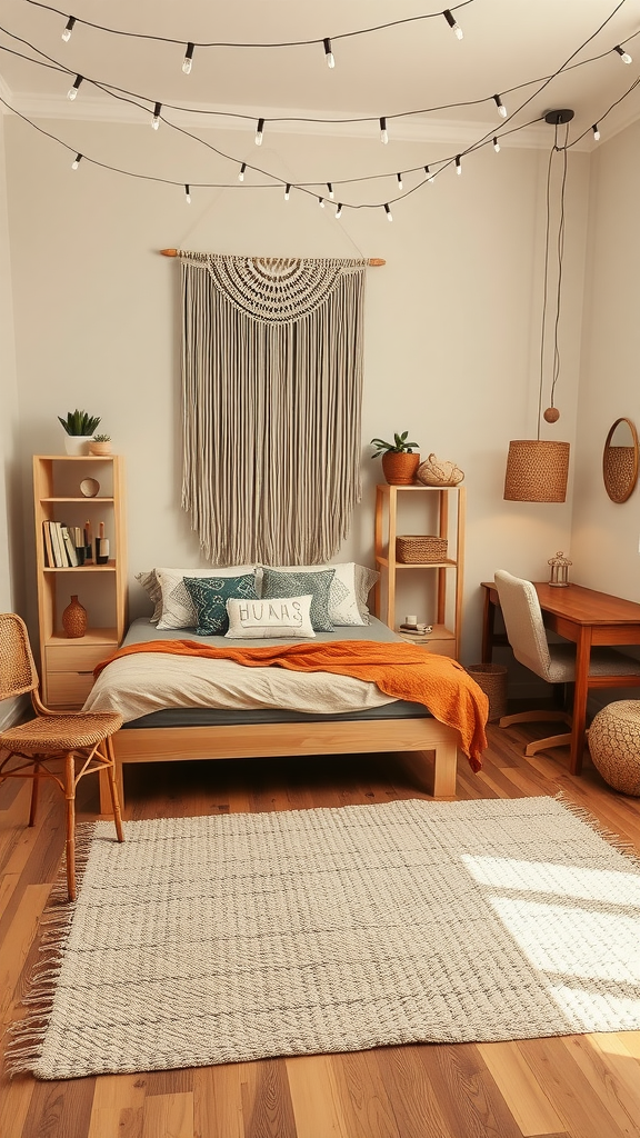 A cozy modern boho style teen boy bedroom featuring warm colors, natural materials, and unique decor.