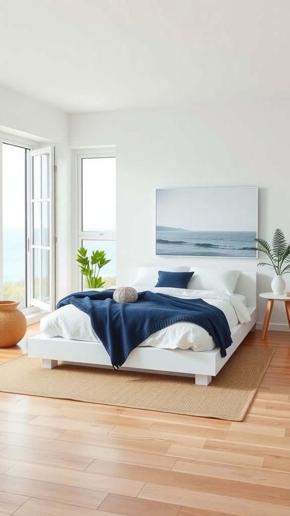 Modern coastal chic bedroom with white bed, navy blanket, and ocean view