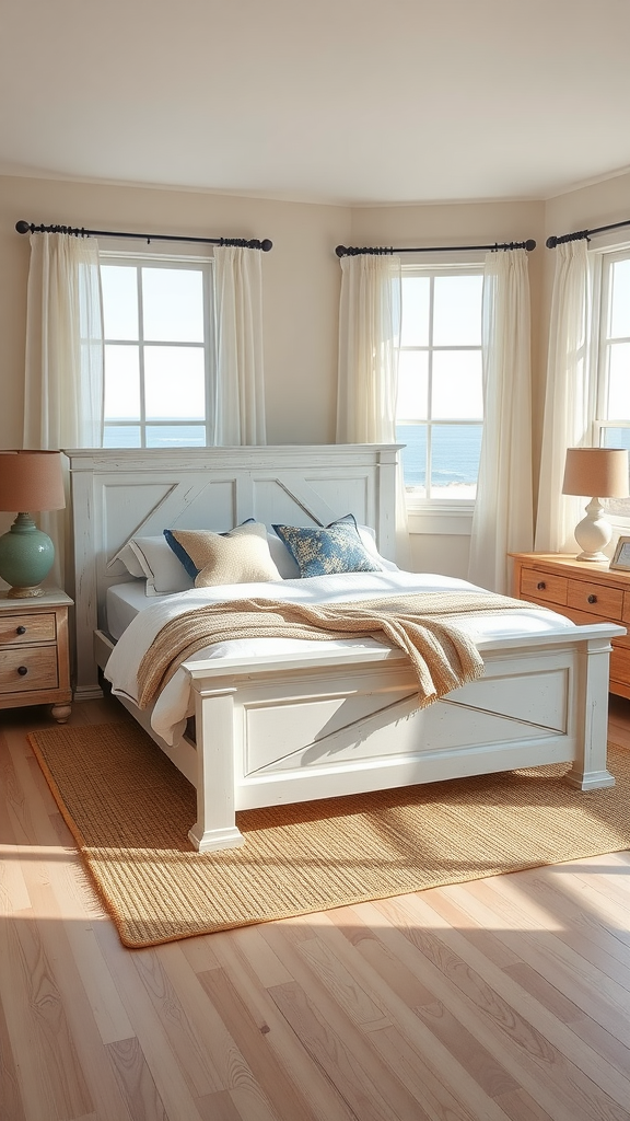 A bright modern coastal farmhouse bedroom with a wooden bed and ocean view.