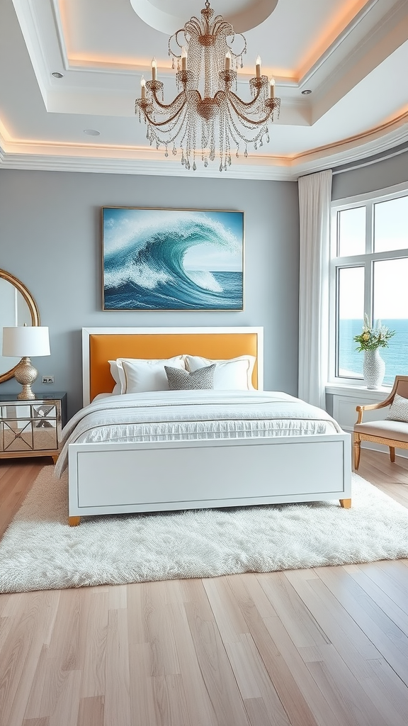 A modern coastal bedroom featuring a bed with orange accents, a chandelier, and a large wave painting.