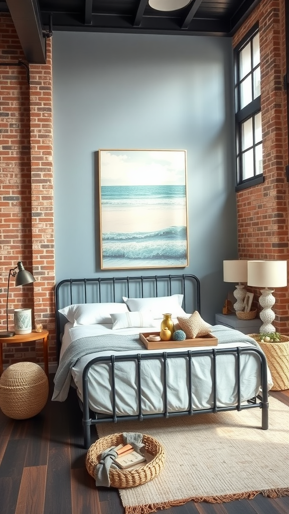 A modern coastal bedroom featuring exposed brick walls, a metal bed frame, and natural decor elements.