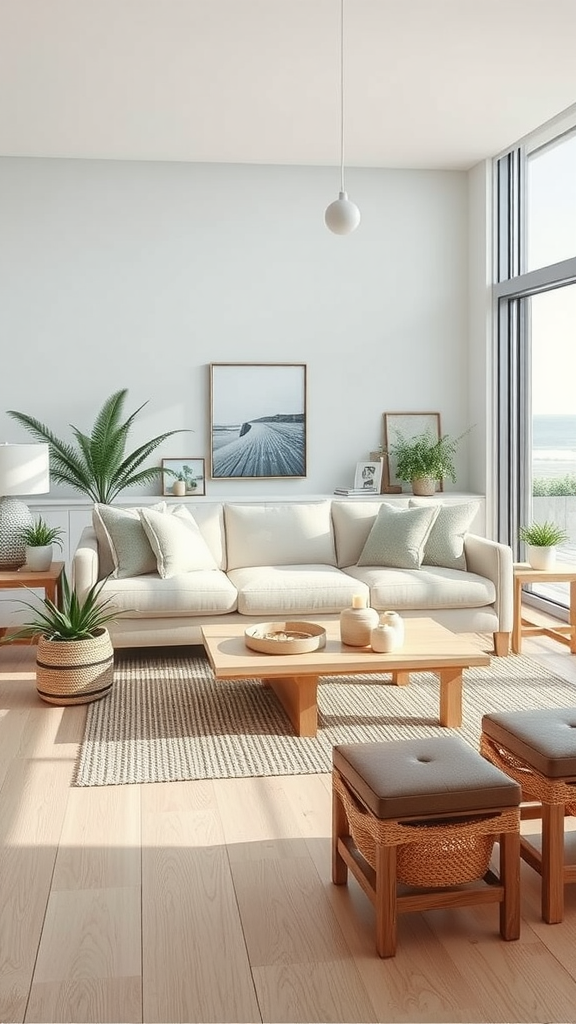 A modern coastal living room featuring a light color palette, wooden accents, and plants.