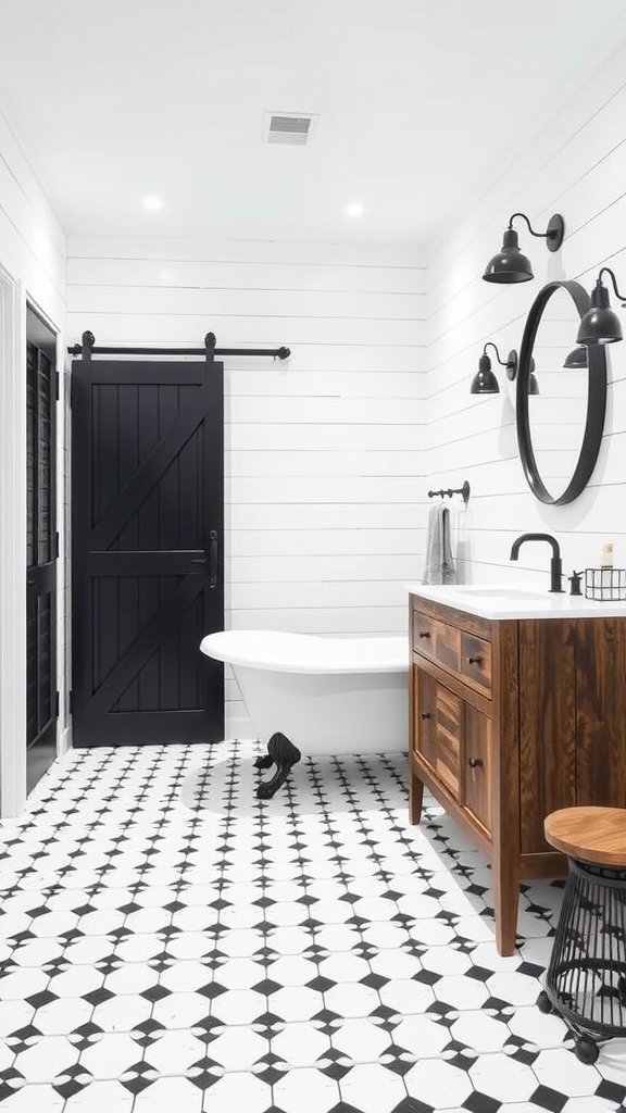 Modern farmhouse bathroom with black and white design featuring shiplap walls, a black barn door, and a vintage tub.