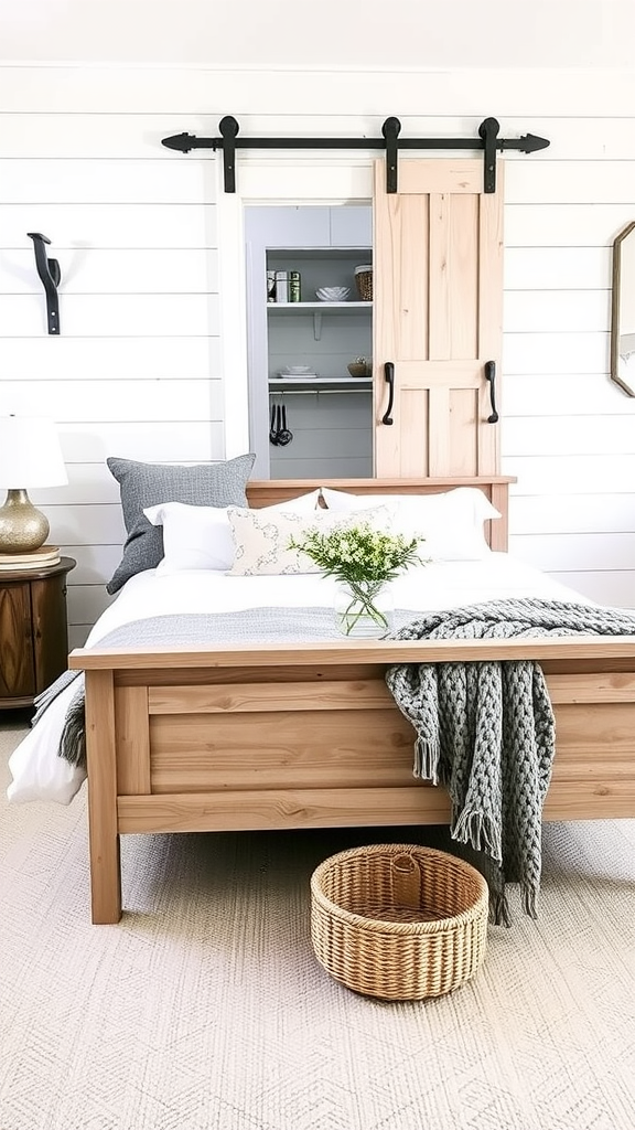 A modern farmhouse bedroom featuring a wooden bed with a cozy blanket, decorative pillows, and a simple woven basket.