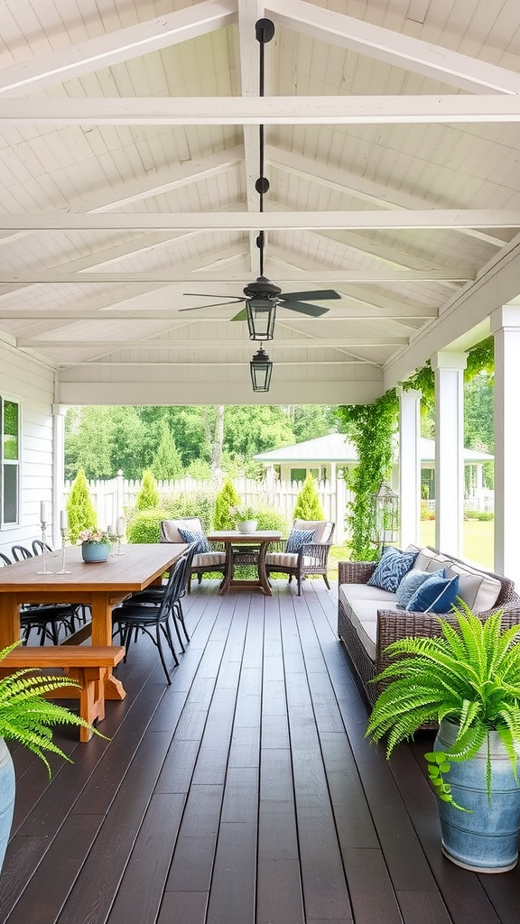 A spacious modern farmhouse covered patio with wooden flooring, a dining table, comfortable seating, and decorative plants.