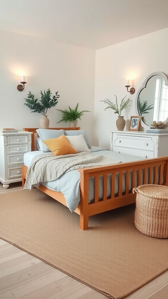 A cozy modern farmhouse French country bedroom featuring a wooden bed, soft bedding, and decorative plants.