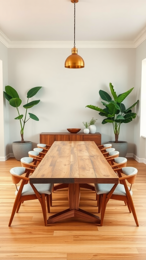 A modern dining room with a large wooden table, stylish chairs, plants, and a golden light fixture.