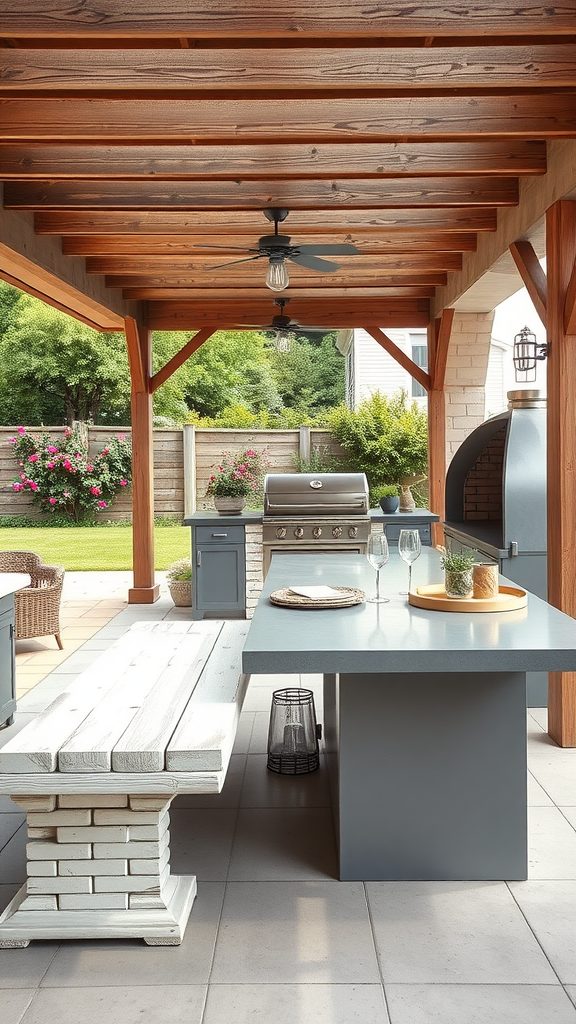 Modern farmhouse outdoor kitchen patio featuring wooden beams, grill, and stylish seating.