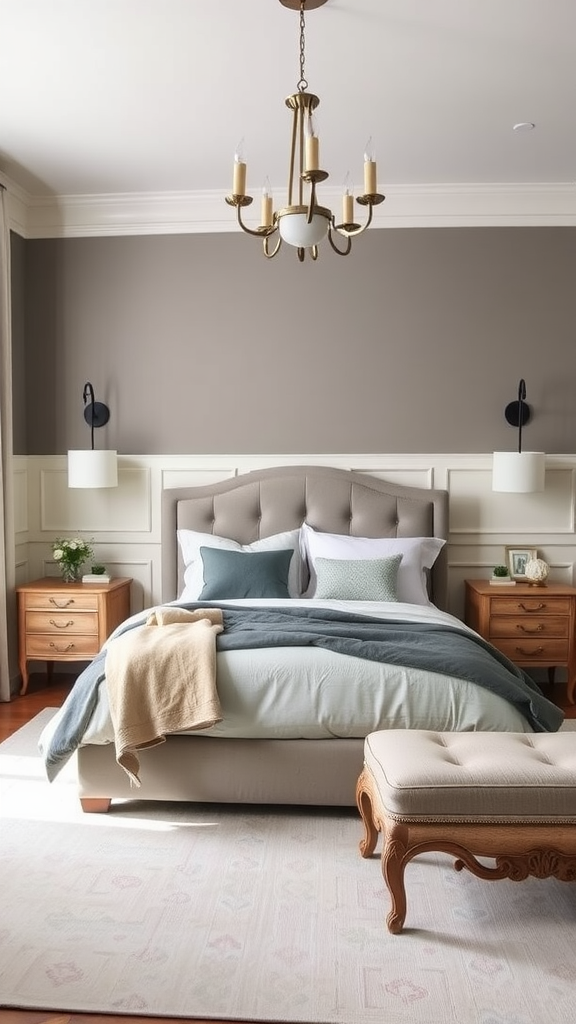 A modern French country bedroom featuring a plush bed, elegant lighting, and classic wooden furniture.