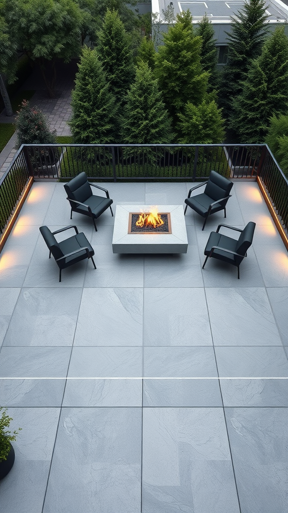 Modern geometric concrete patio with fire pit and black chairs surrounded by greenery