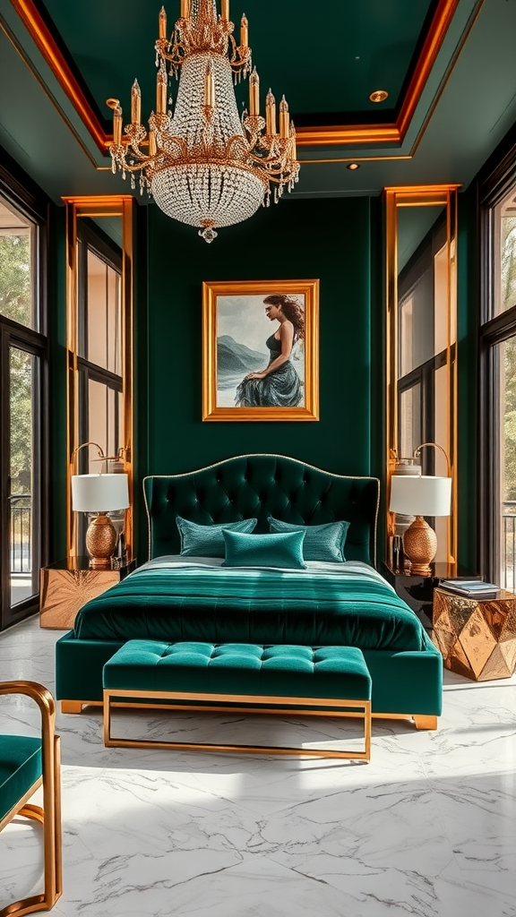 A luxurious master bedroom featuring deep green walls, gold accents, a plush bed, elegant furnishings, and a sparkling chandelier.