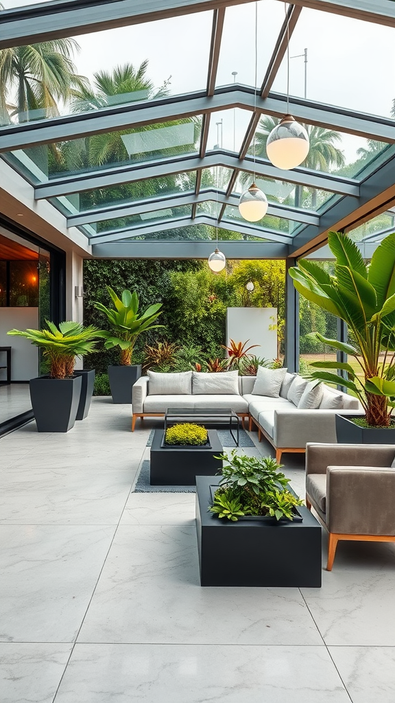 Modern glass-enclosed covered patio with a sectional sofa, coffee table, and potted plants.