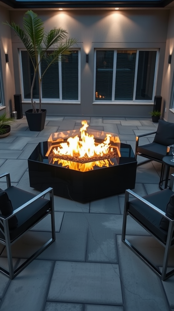 A modern patio with a glass fire pit surrounded by sleek chairs and plants.