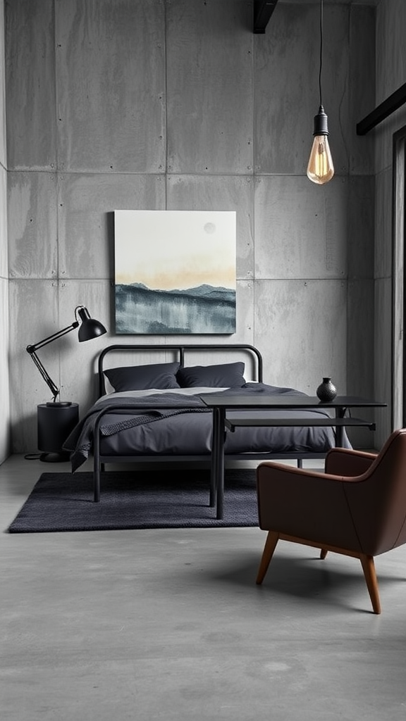 A modern industrial teen boy bedroom featuring a concrete wall, sleek bed, and stylish lighting.