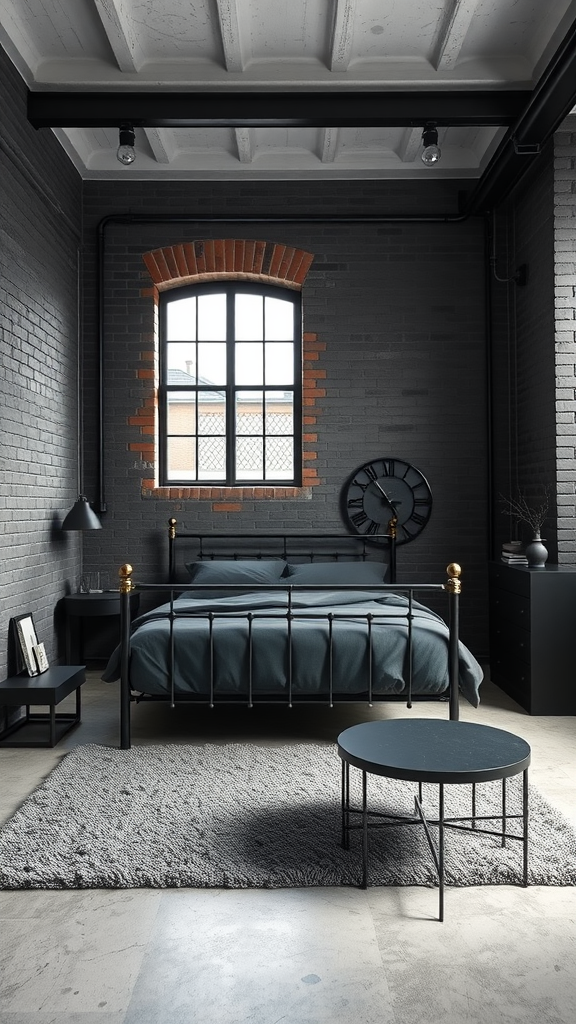 A modern industrial bedroom featuring exposed brick walls, a black metal bed frame, and a cozy area rug