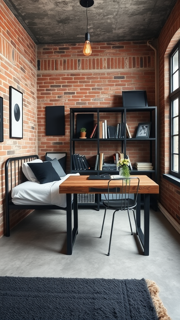 A stylish college dorm room featuring exposed brick walls, a wooden table, and minimalist decor.