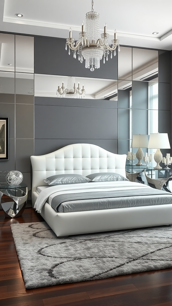 A modern Italian bedroom showcasing a sleek white bed, elegant chandelier, and stylish decor, with a focus on luxury and comfort.