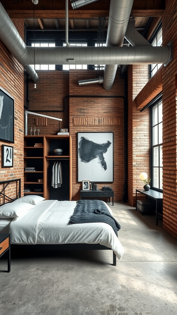 A modern Italian loft bedroom with exposed brick walls, large windows, and minimalist furniture.