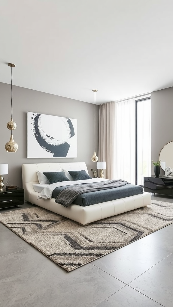 A modern Italian bedroom featuring large windows, a low-profile bed, and stylish decor.