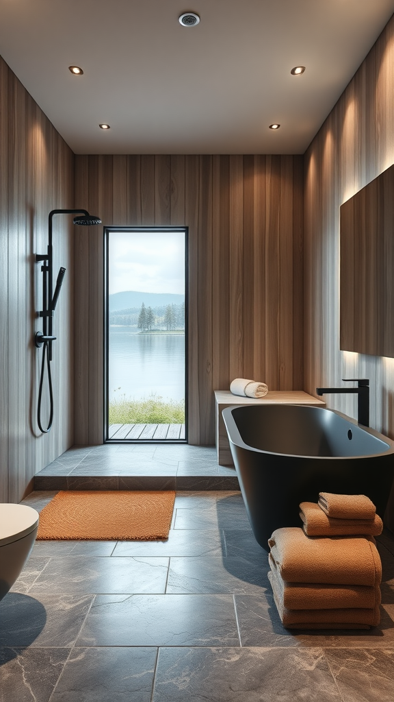 A modern spa bathroom in a lake house with wooden walls, a black bathtub, and a view of the lake through a large window.