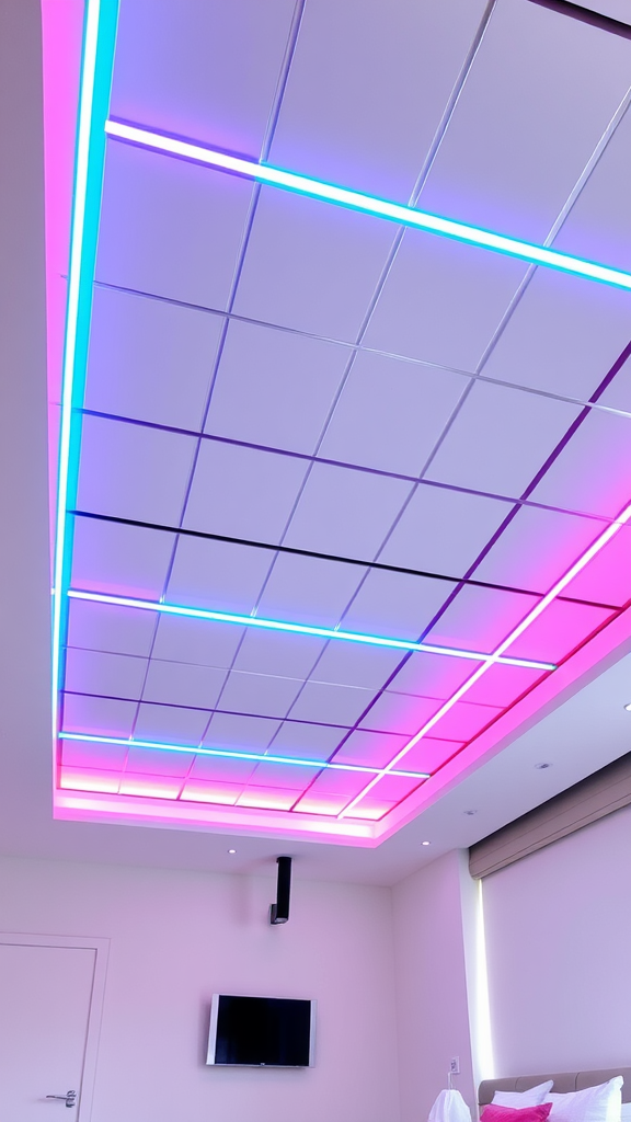 A modern bedroom ceiling featuring a grid design with neon pink and blue lighting accents.