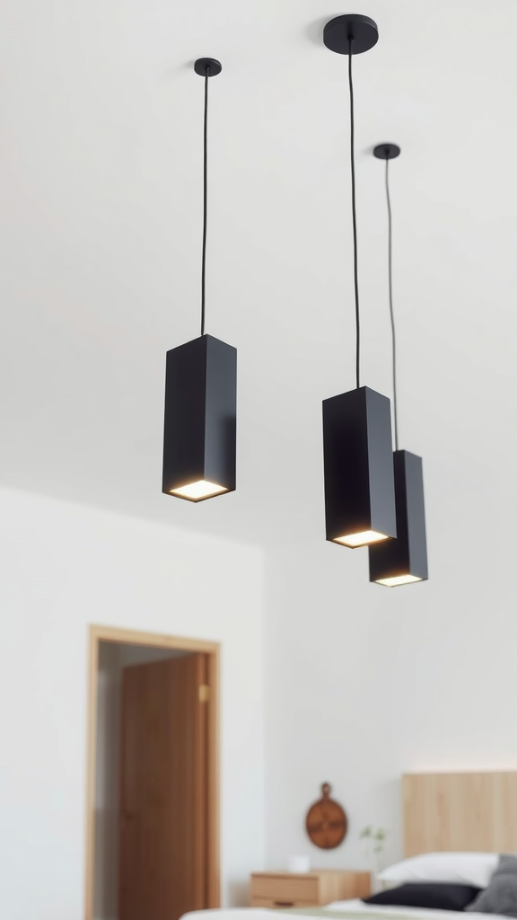 Three modern black linear pendant lights hanging from a white ceiling.