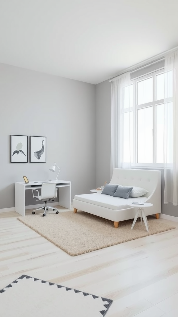 Modern minimalist bedroom with a low-profile bed, light gray walls, and a functional desk area.