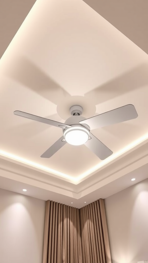 Modern minimalist ceiling pop design with a sleek fan and recessed lighting.