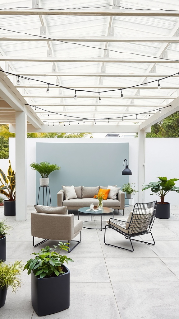 A modern minimalist covered patio featuring a transparent roof, stylish seating, and potted plants.