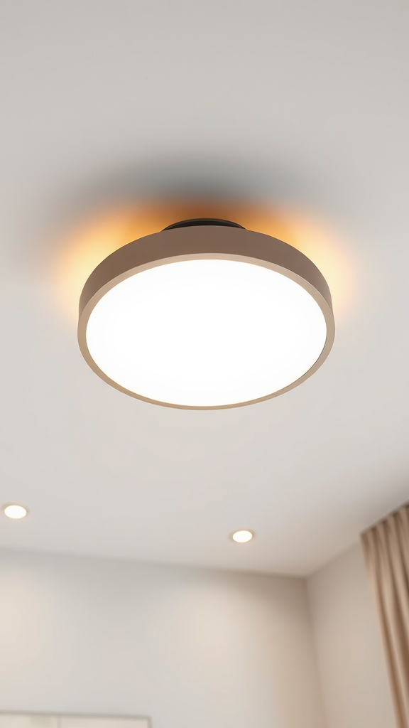 Modern minimalist LED ceiling light illuminating a bedroom