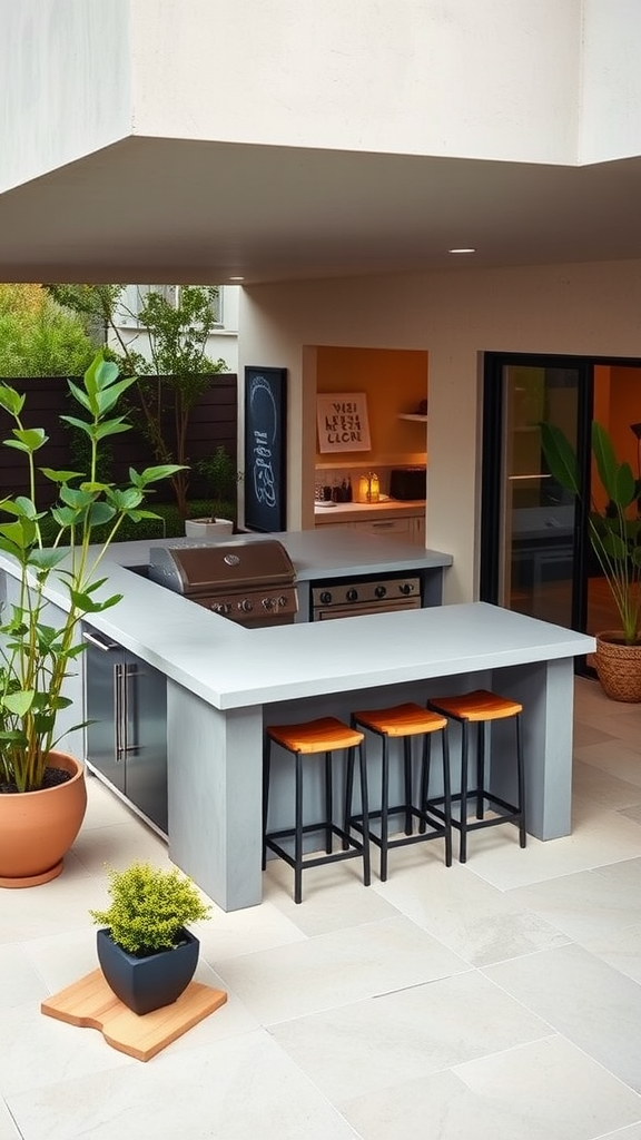 A modern minimalist outdoor kitchen with a grill, countertop, barstools, and plants.