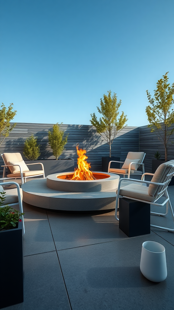 Modern minimalist patio with a circular fire pit surrounded by chairs and greenery