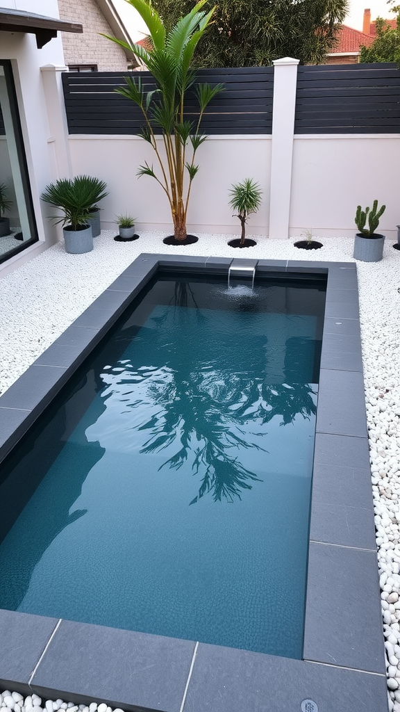 A modern minimalist plunge pool surrounded by pebbles and plants.