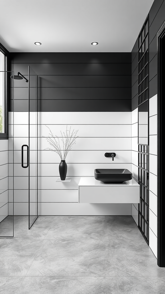 Modern minimalist black and white bathroom design with a sleek shower and floating sink.