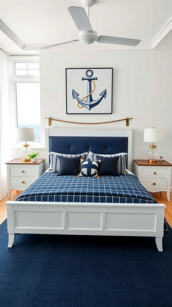 A modern nautical bedroom featuring navy and white decor with an anchor painting and stylish pillows.