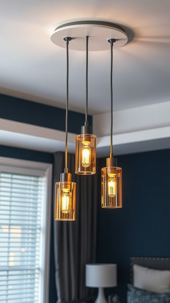 Modern pendant light cluster with three glass lamps in a stylish bedroom setting