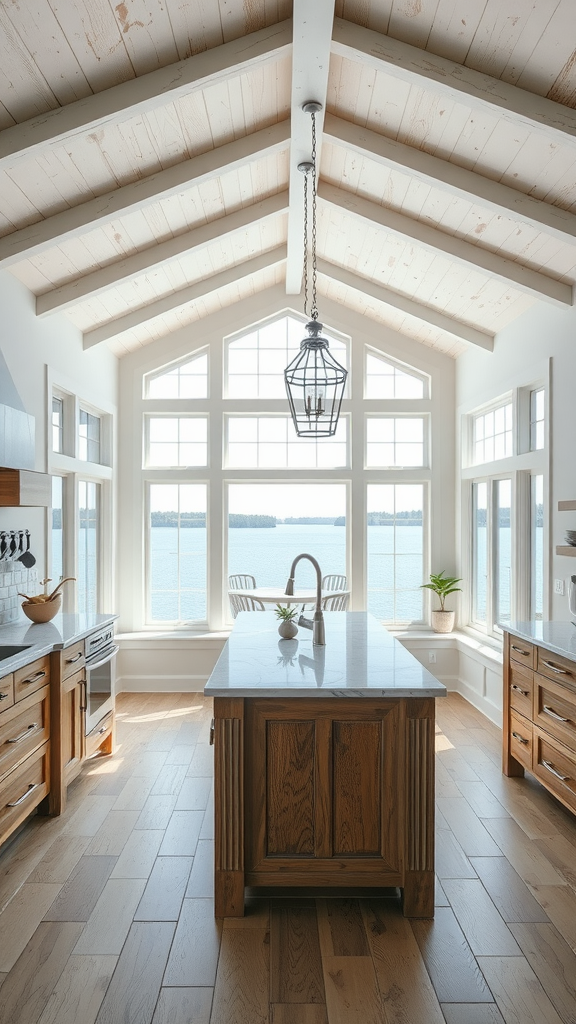 A modern rustic kitchen with large windows overlooking a lake, wooden cabinets, a central island, and a stylish light fixture.