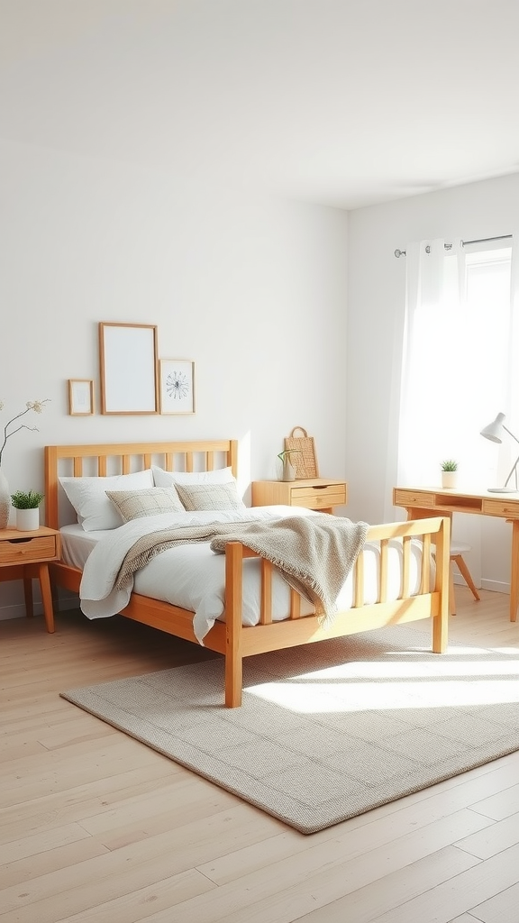 A modern Scandinavian bedroom featuring light wood furniture, a cozy bed with white bedding, and natural decor elements.