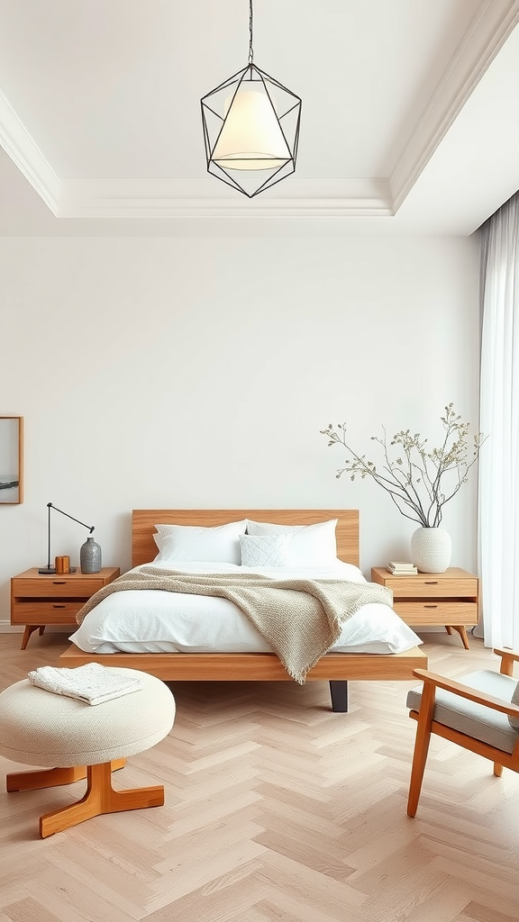 A modern Scandinavian style master bedroom featuring wooden furniture, a geometric pendant light, and soft decor.